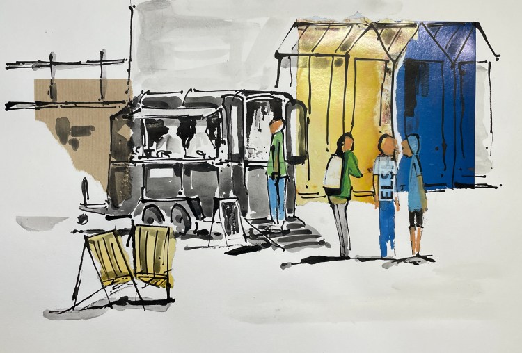 people eating food on the beach painting