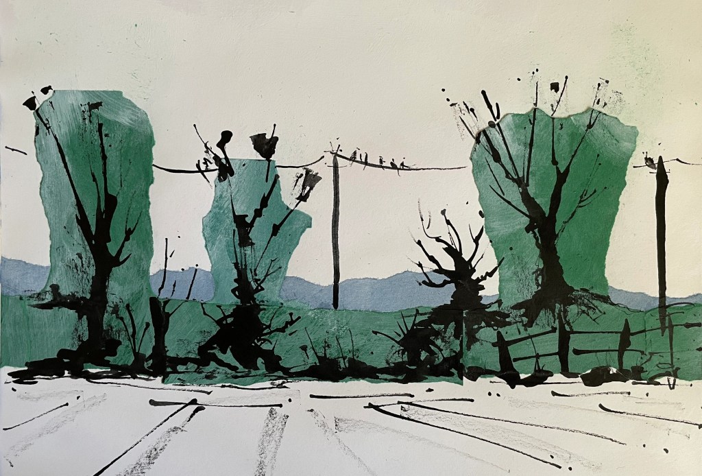 birds flocking on a telegraph wire painting