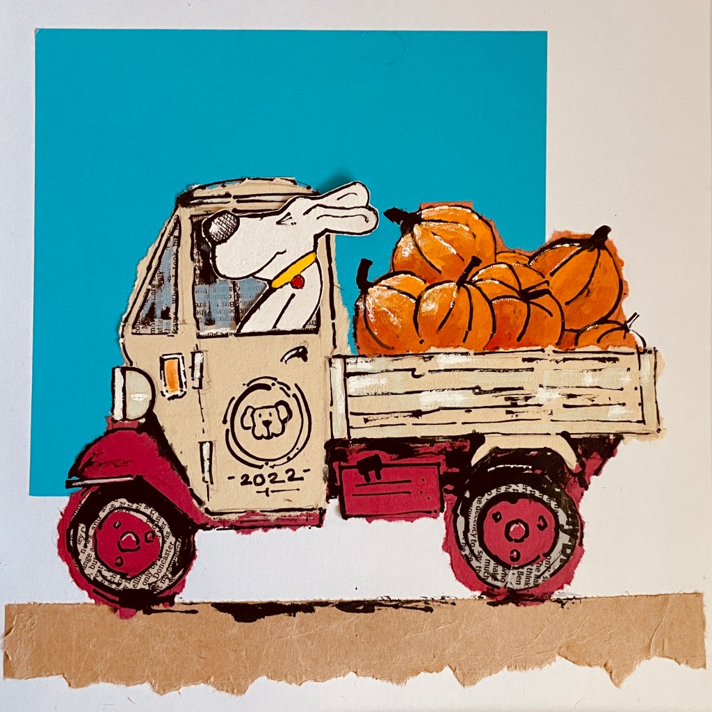 Finished Image showing a dog in a lorry transporting Pumpkins