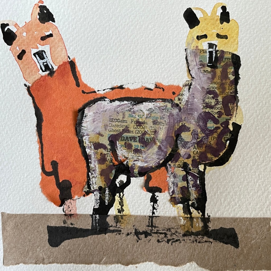 Alpaca watercolour and collage image
