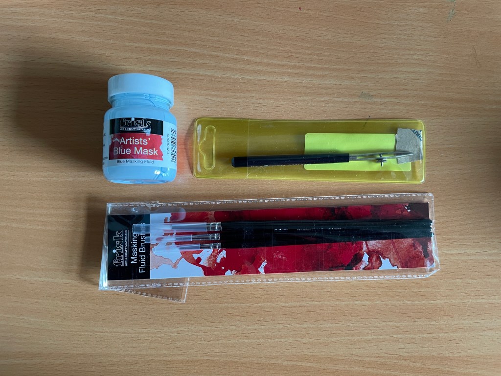 New kit - an image of a bottle of masking fluid, a ruling pen and a set of nylon bristle brushes.