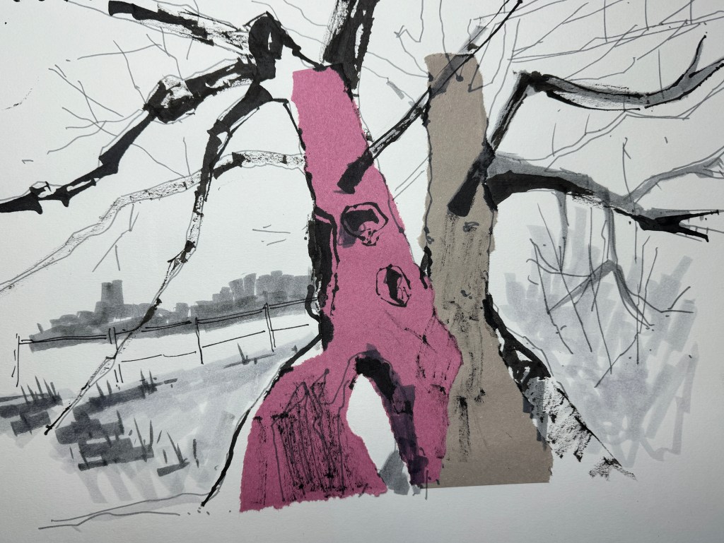 Tree image created using collage, ink and pastel